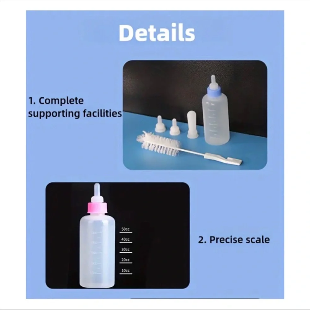 Pet Nursing Bottle Set w Spare Pacifiers Cleaning Brush & Hole Opener, 6pcs